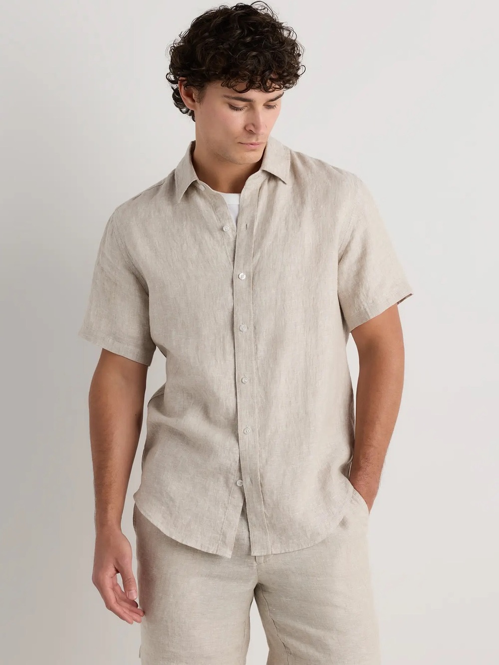 Quince Men 100% European Linen Relaxed Short Sleeve Shirt L flax beige